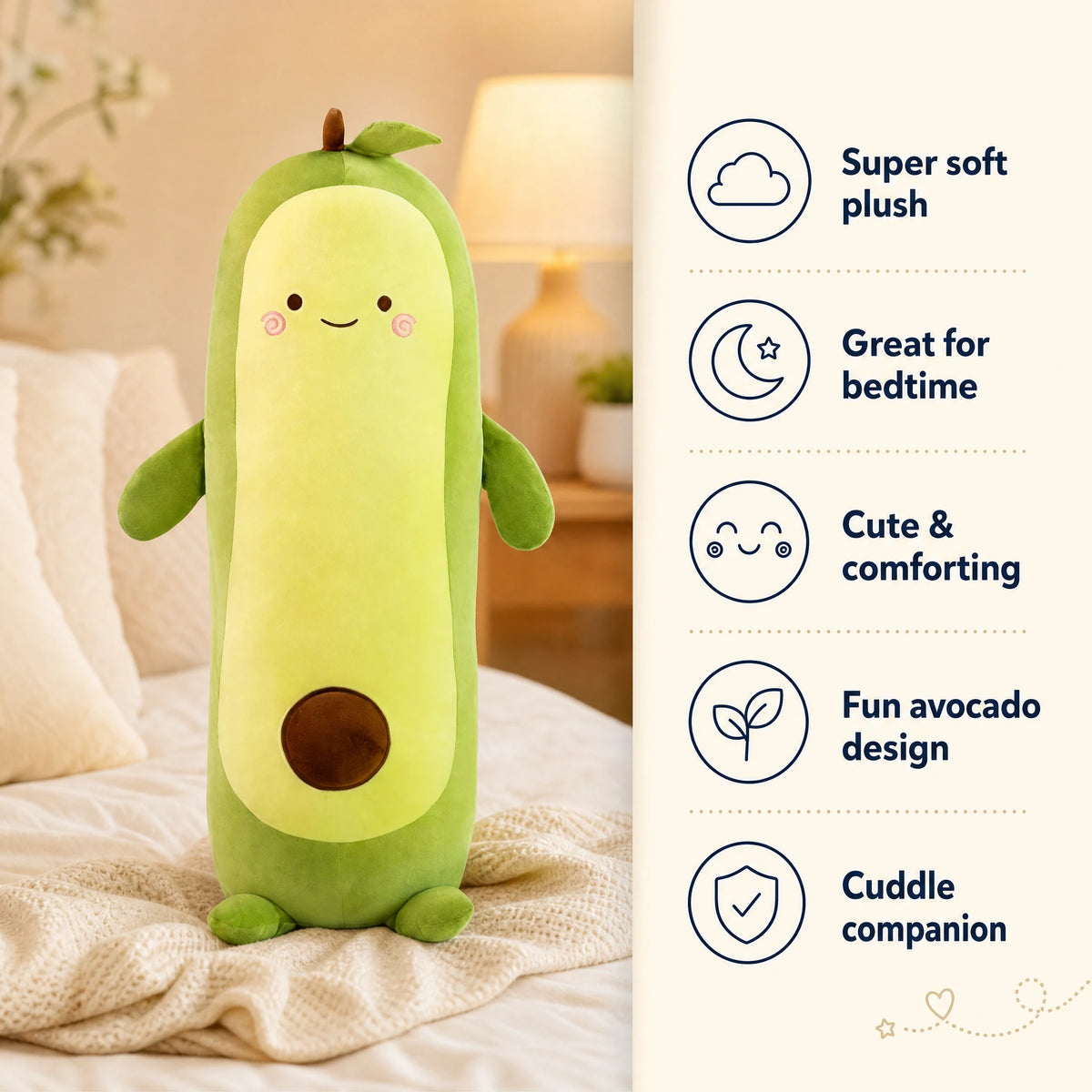 Avocado Body Pillow with Smiling Face and Soft Cotton - Bénéfices produit