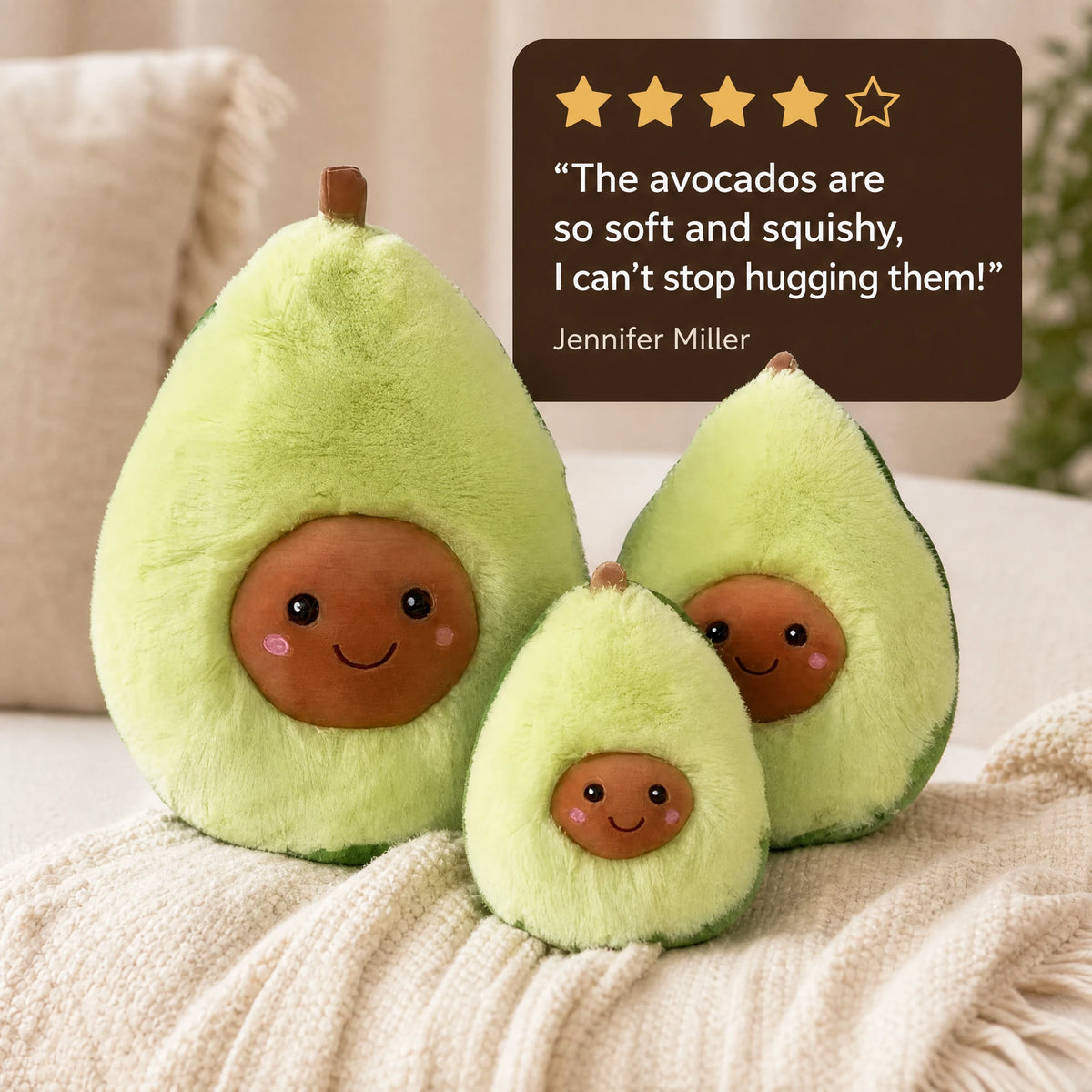 Avocado Plush Toy with Smiling Face and Fuzzy Texture - Image témoignage