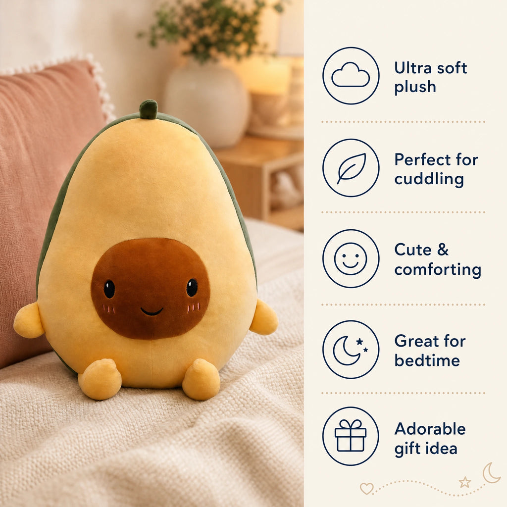 Avocado Plush Toy with Smiling Face and Green Stem - Bénéfices produit