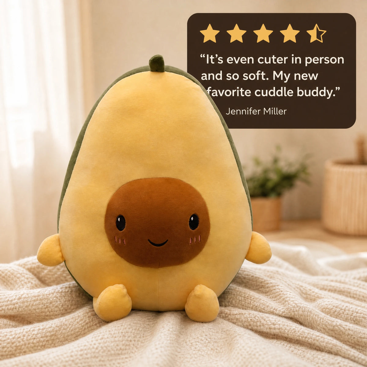 Avocado Plush Toy with Smiling Face and Green Stem - Image témoignage