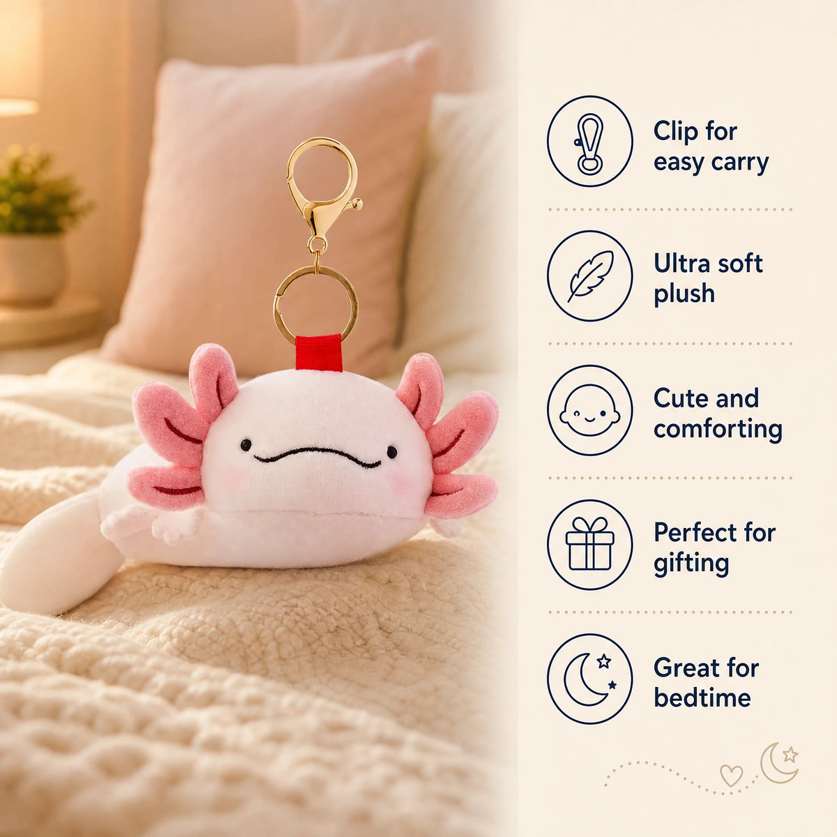 Axolotl Keychain Plush in Pink with Lobster Clasp - Bénéfices produit
