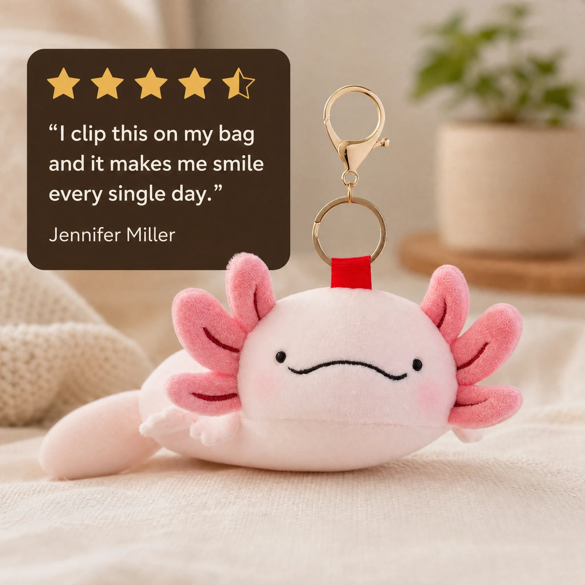 Axolotl Keychain Plush in Pink with Lobster Clasp - Image témoignage