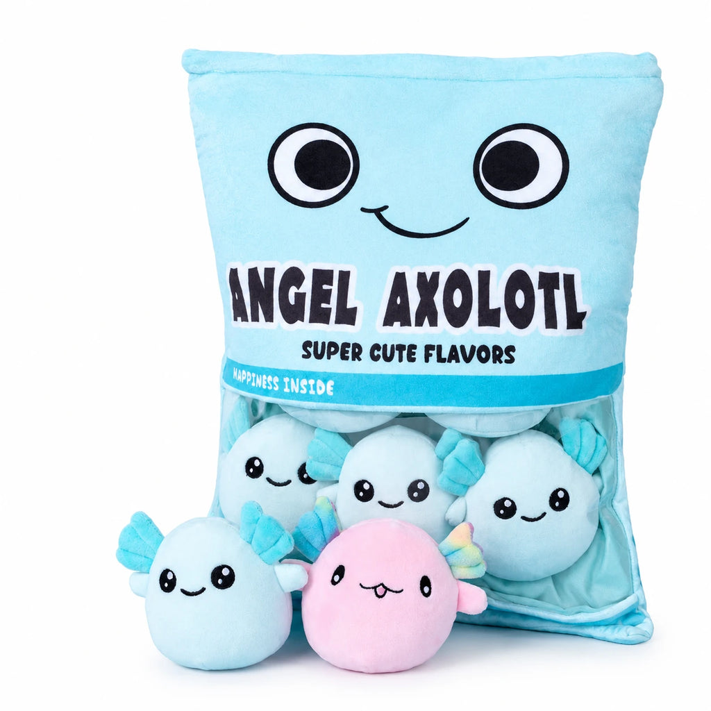 Axolotl Plush Bag with Six Soft Mini Plushies Inside - Blue