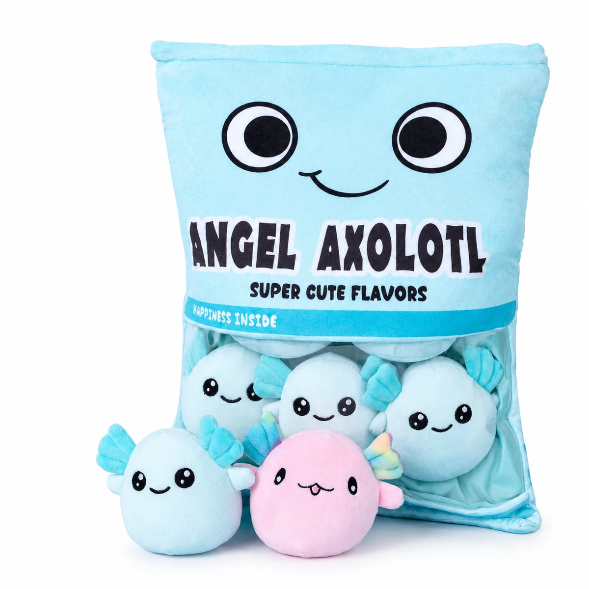 Axolotl Plush Bag with Six Soft Mini Plushies Inside - Blue