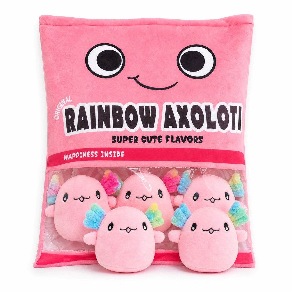 Axolotl Plush Bag with Six Soft Mini Plushies Inside - Fond blanc