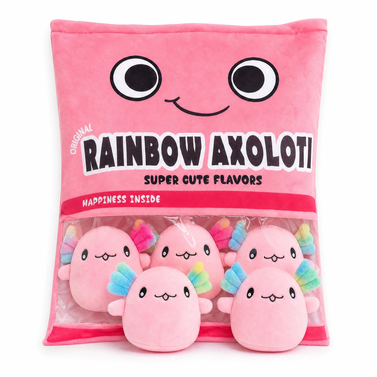 Axolotl Plush Bag with Six Soft Mini Plushies Inside - Fond blanc