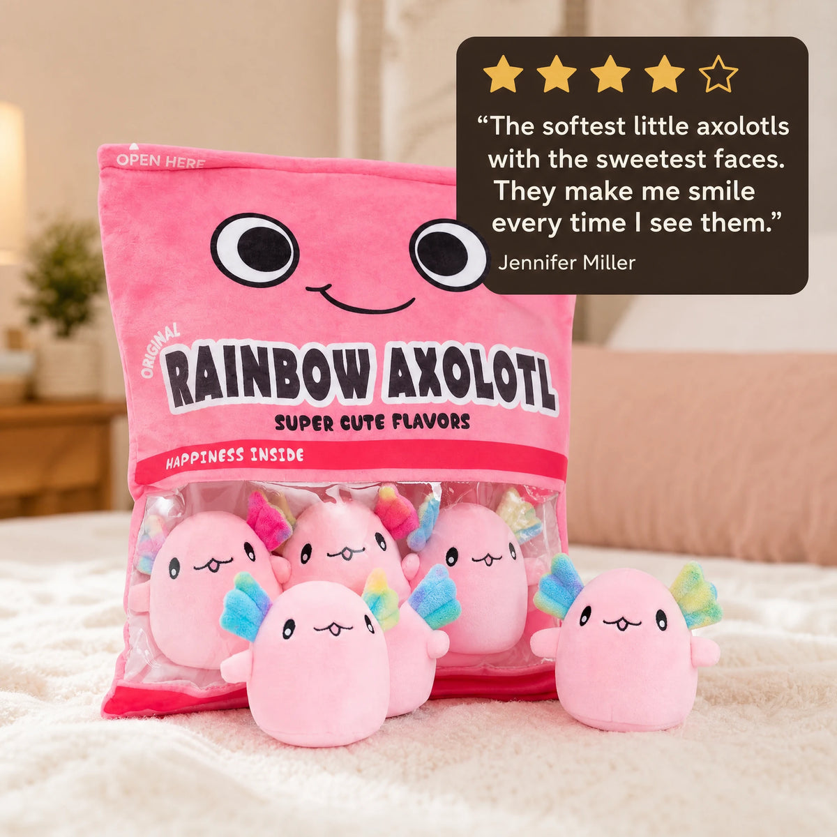 Axolotl Plush Bag with Six Soft Mini Plushies Inside - Image témoignage