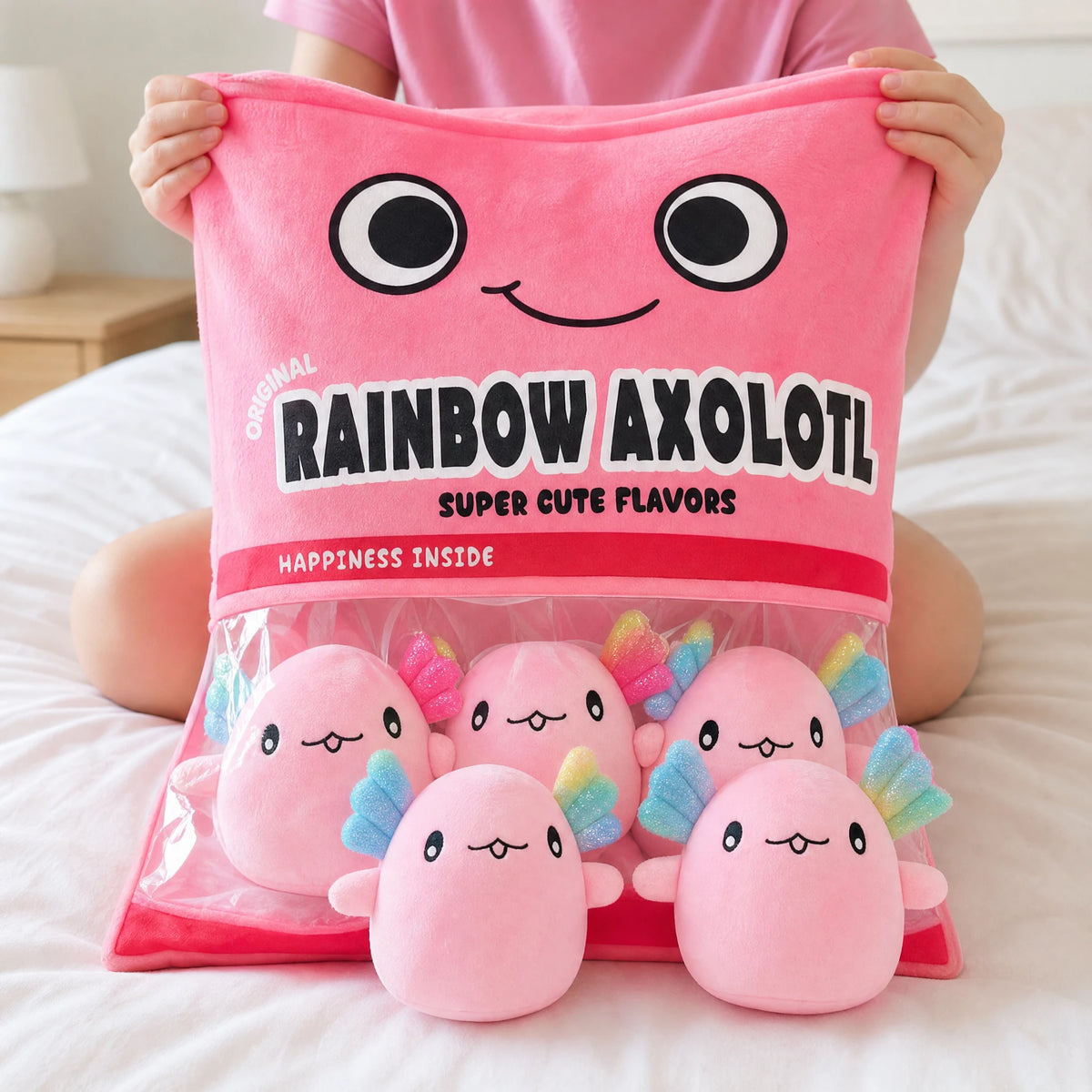 Axolotl Plush Bag with Six Soft Mini Plushies Inside - Utilisation du produit