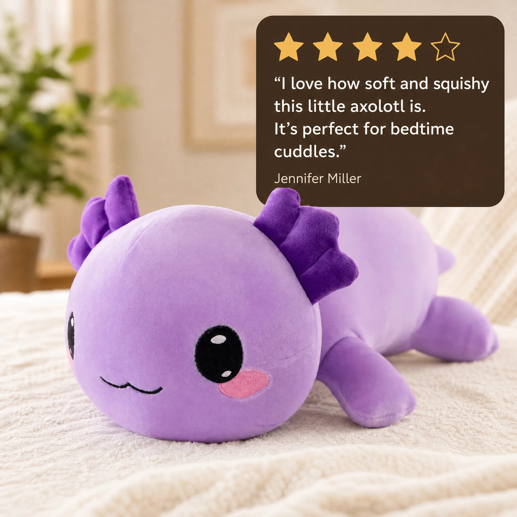 Axolotl Plush Lying Down with Bow and Smile - Image témoignage