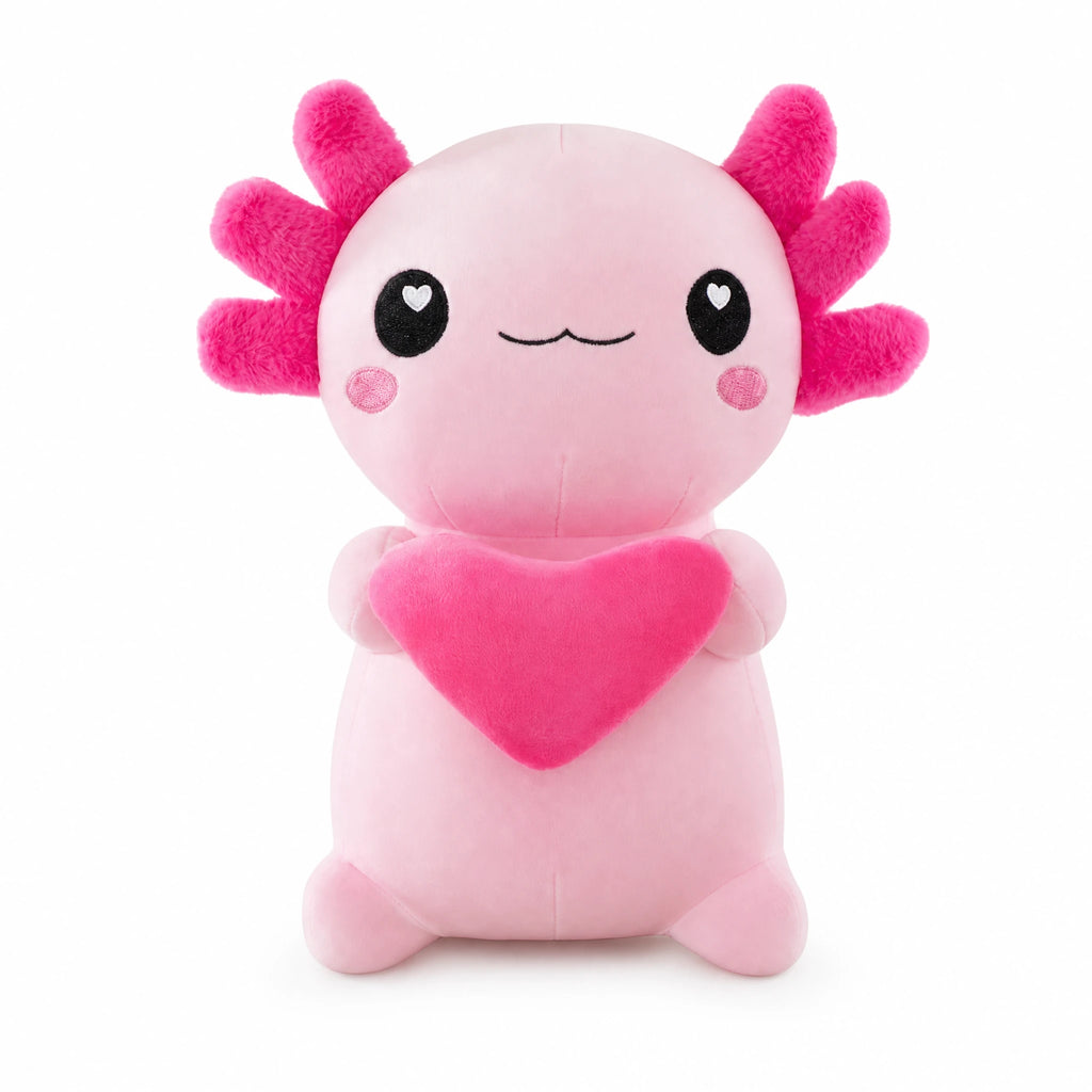 Axolotl Plush with Heart – Kawaii Design in Pink - Fond blanc