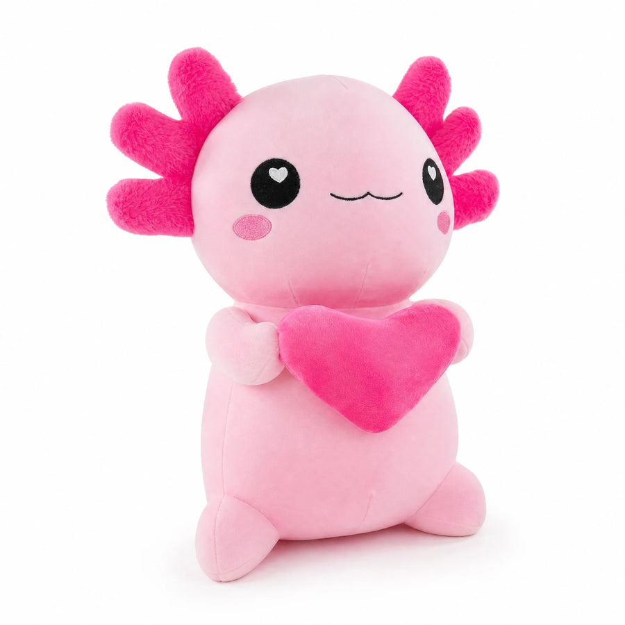 Axolotl Plush with Heart – Kawaii Design in Pink - Fond blanc, autre angle
