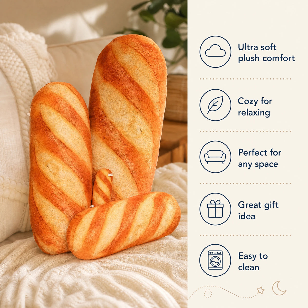 Baguette Plush Pillow in French Bread Shape - Bénéfices produit