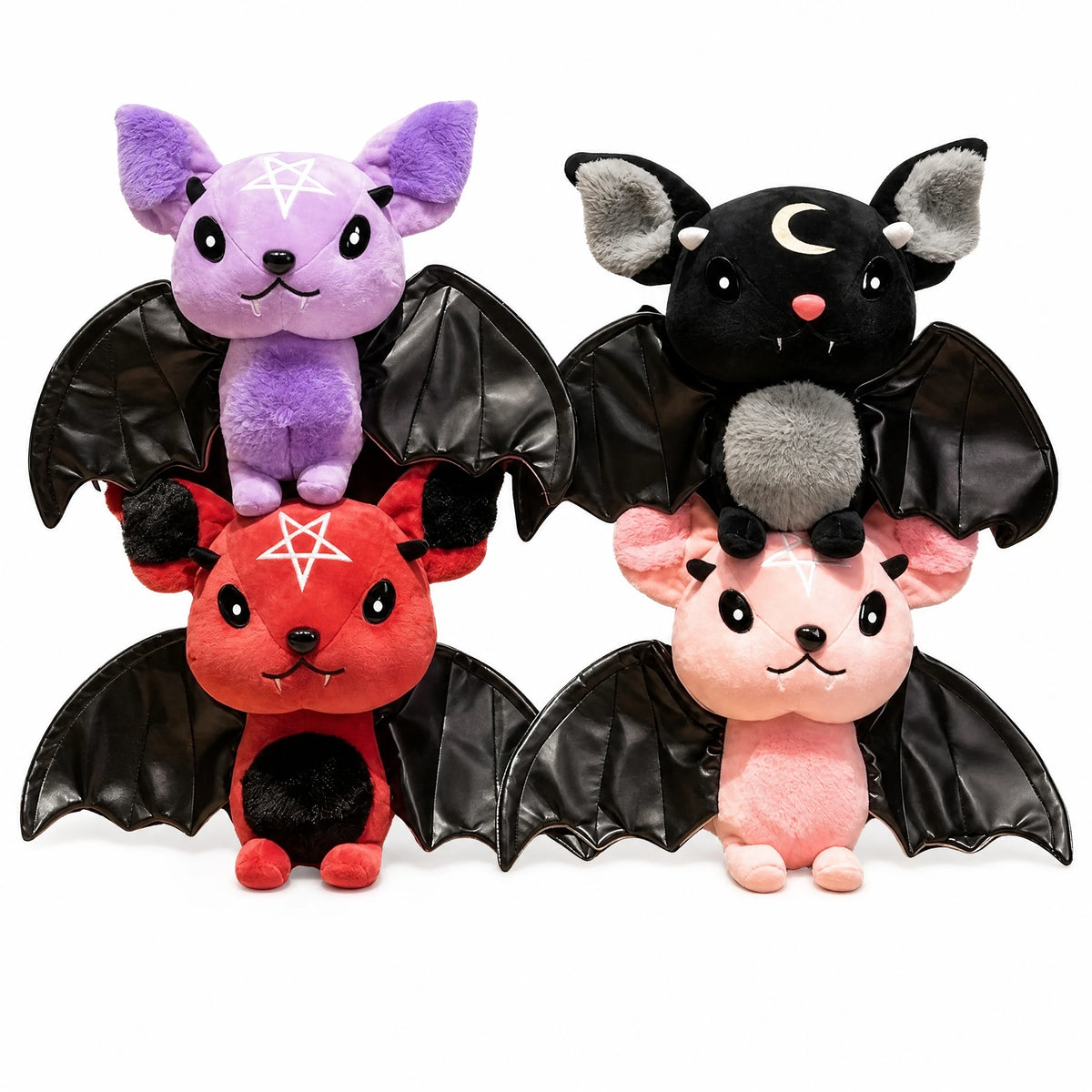 Bat Plush Toy with Black Faux Leather Wings - Fond blanc