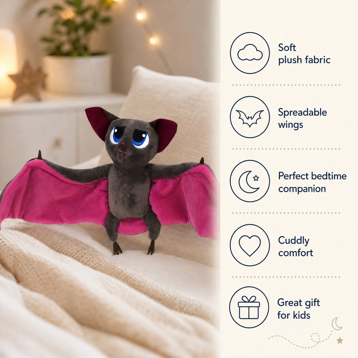 Bat Plush with Wide Fabric Wings and Embroidered Eyes - Bénéfices produit