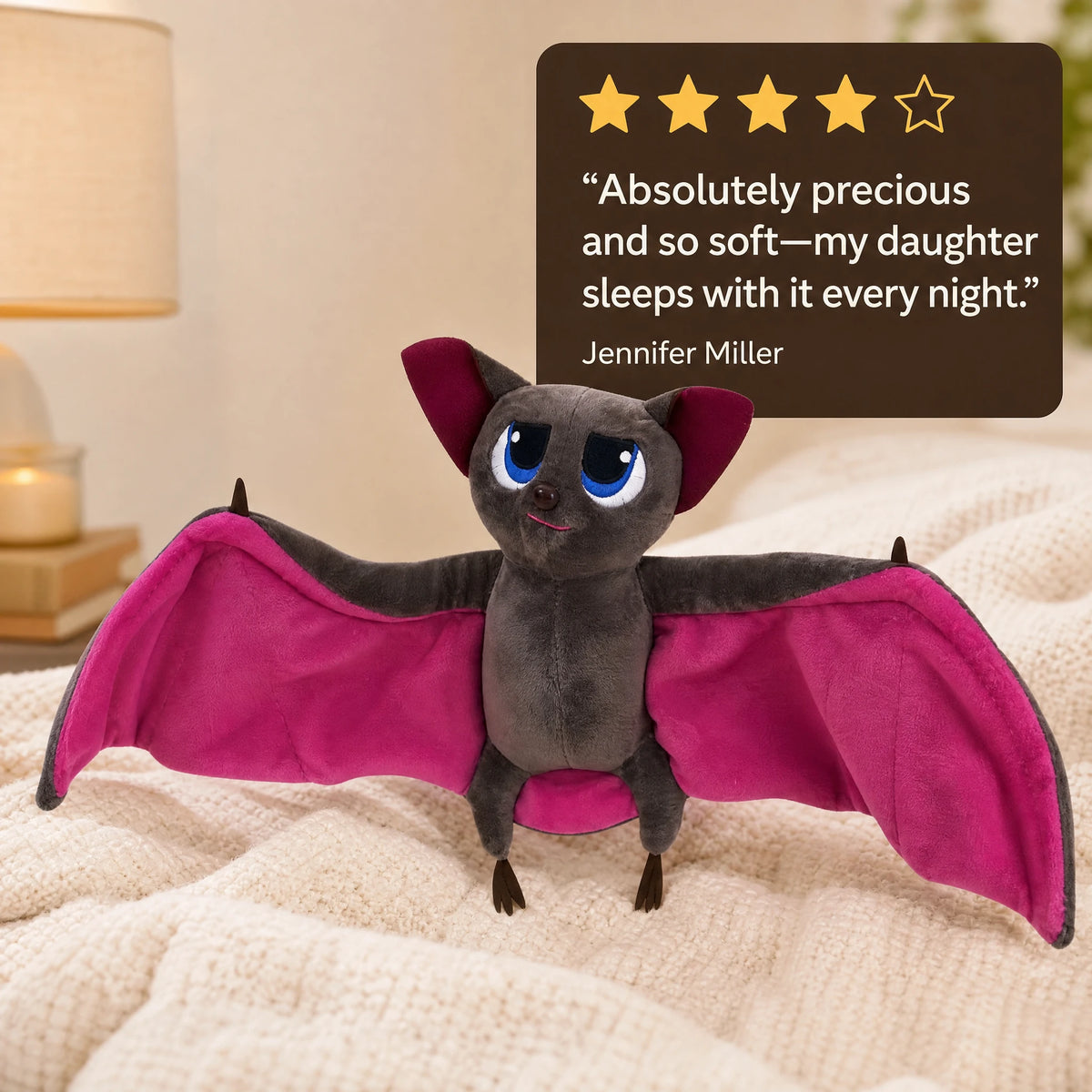 Bat Plush with Wide Fabric Wings and Embroidered Eyes - Image témoignage