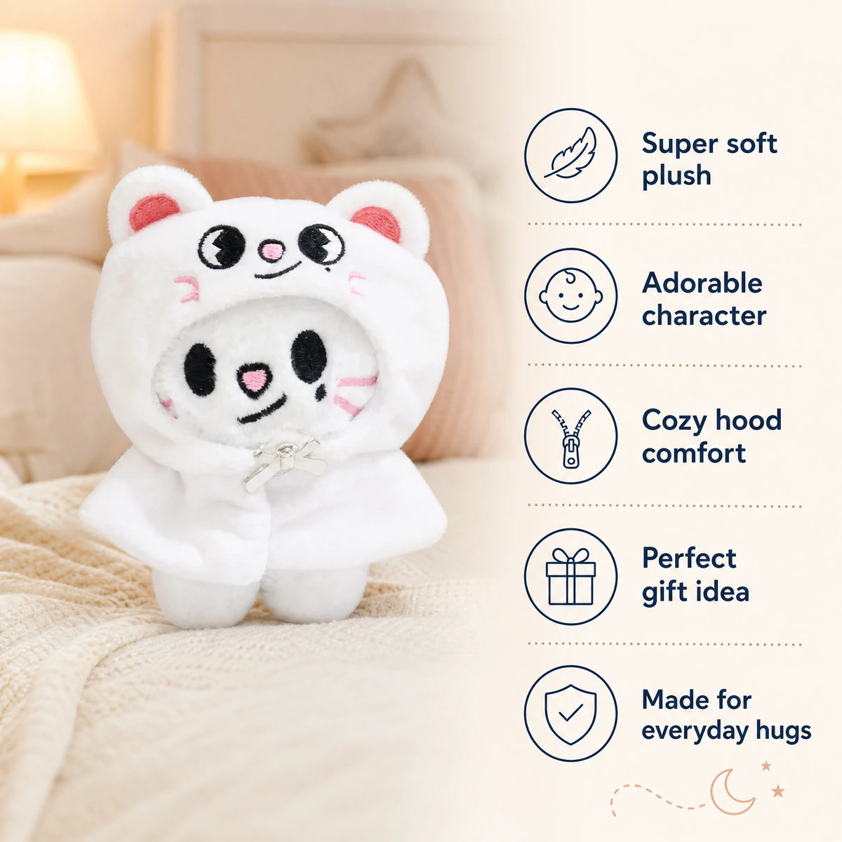 Bear Plush Keychain with Hood and Embroidered Face - Bénéfices produit