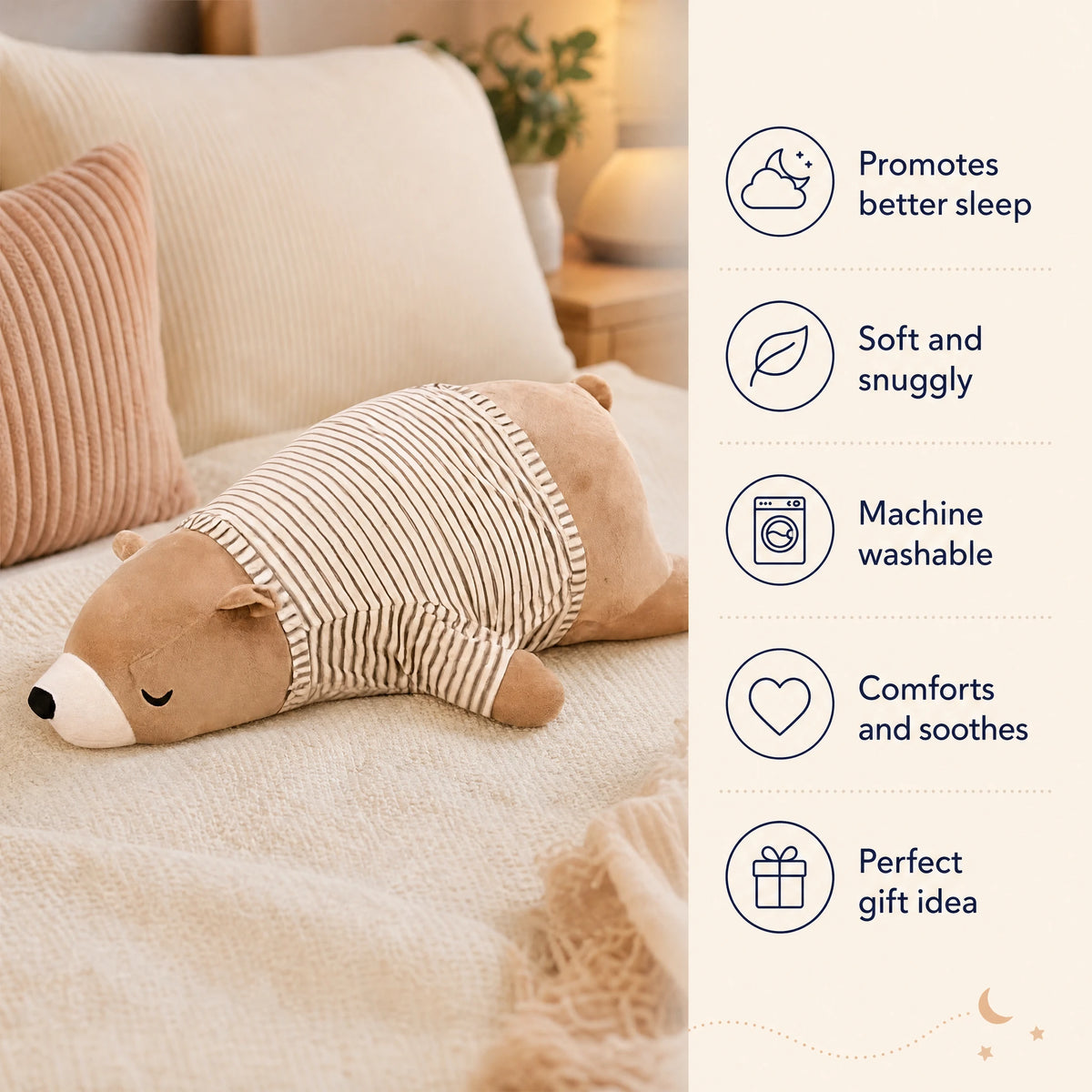 Bear Plush Toy with Striped Outfit, Lying Position - Bénéfices produit