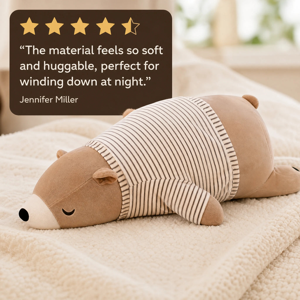Bear Plush Toy with Striped Outfit, Lying Position - Image témoignage