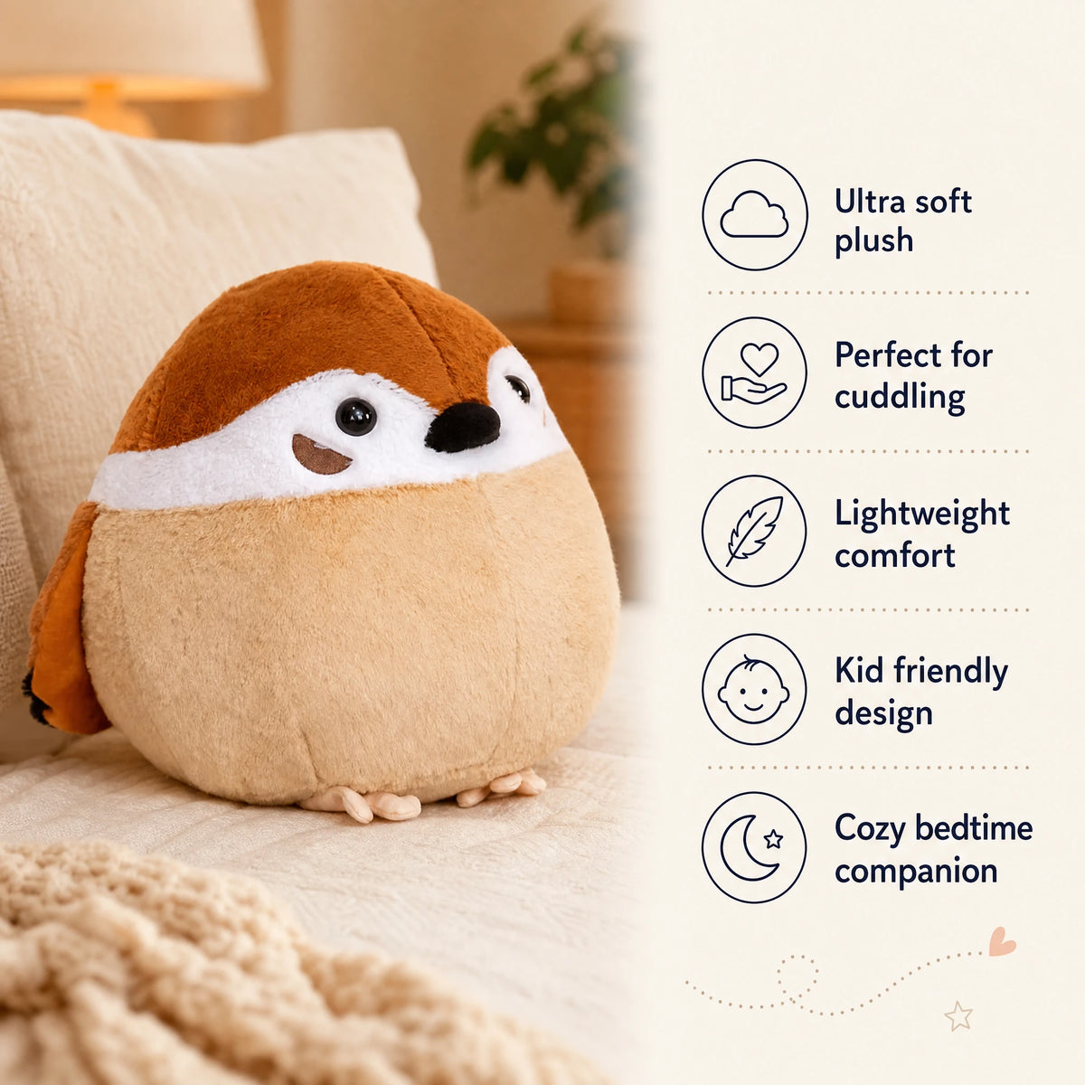 Bird Plush Toy – Round Sparrow and Raven Design - Bénéfices produit