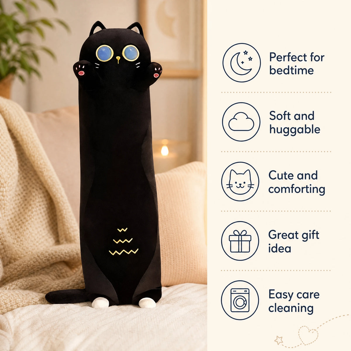 Black Cat Plush Pillow - Long Body Cuddle Cushion - Bénéfices produit