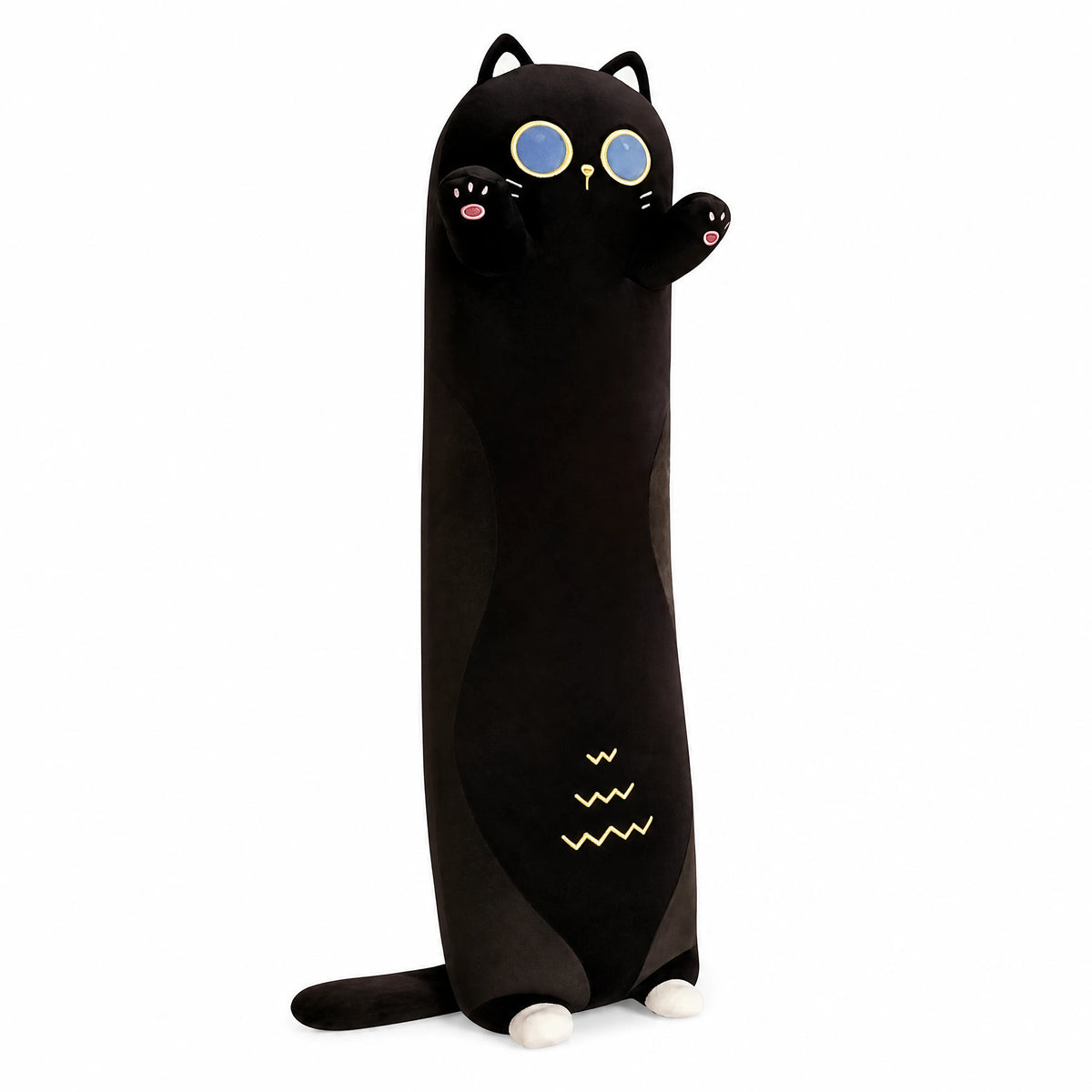 Black Cat Plush Pillow - Long Body Cuddle Cushion - Fond blanc, autre angle