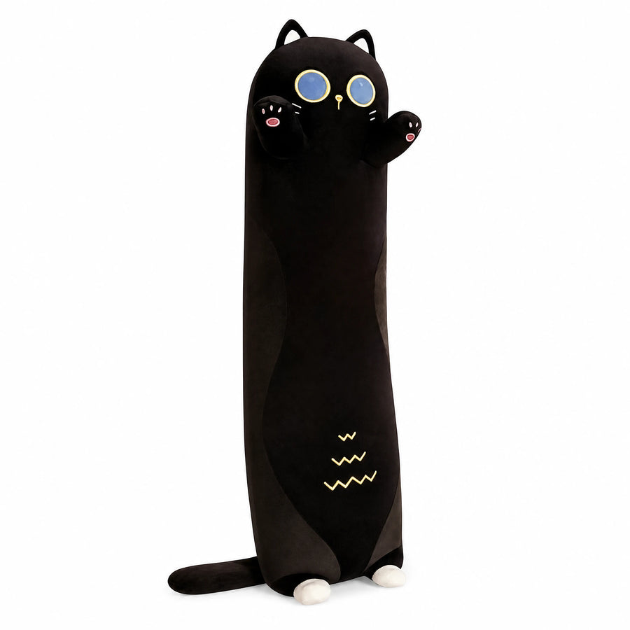 Black Cat Plush Pillow - Long Body Cuddle Cushion - Fond blanc, autre angle