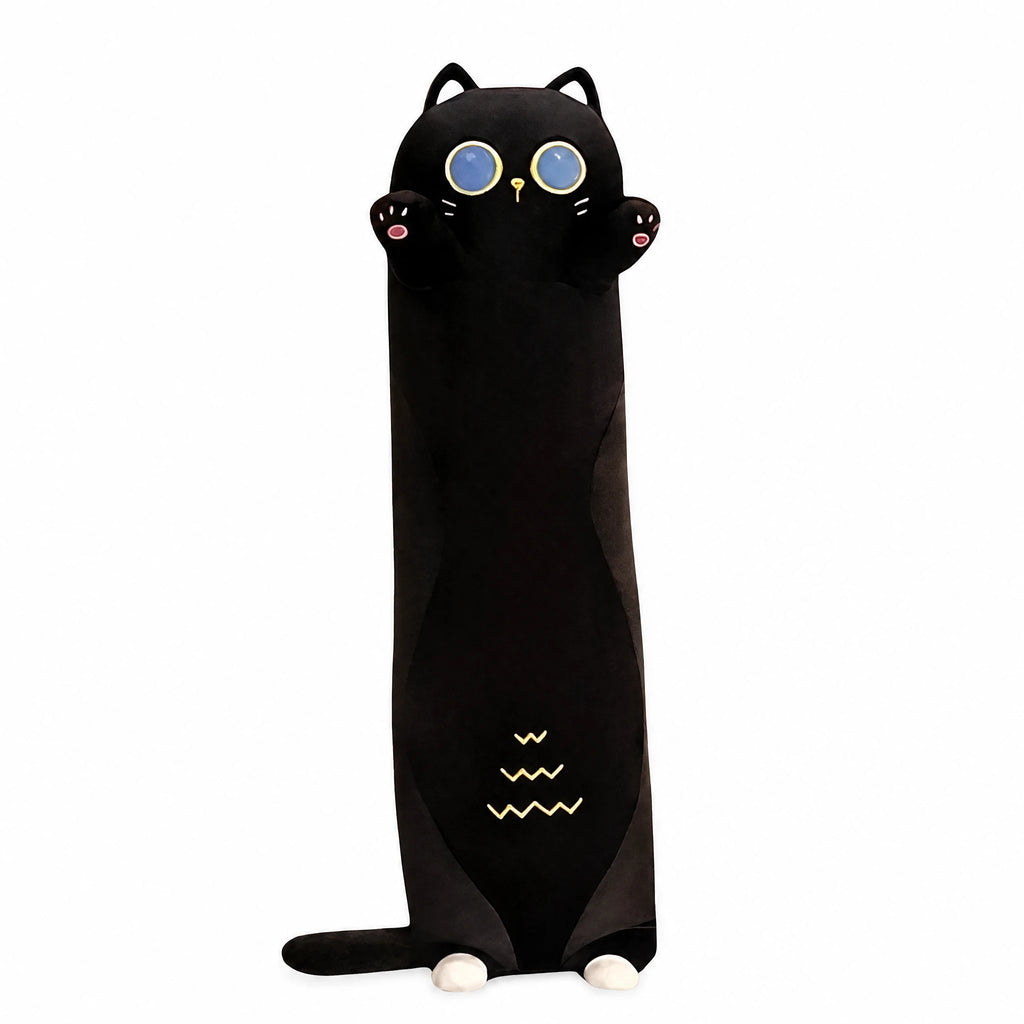 Black Cat Plush Pillow - Long Body Cuddle Cushion - Fond blanc