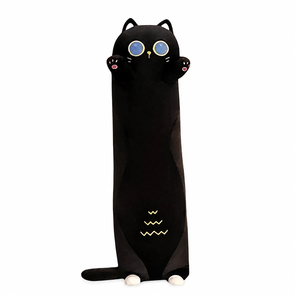 Black Cat Plush Pillow - Long Body Cuddle Cushion - Fond blanc
