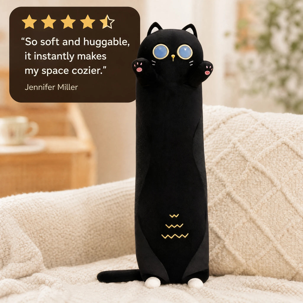 Black Cat Plush Pillow - Long Body Cuddle Cushion - Image témoignage