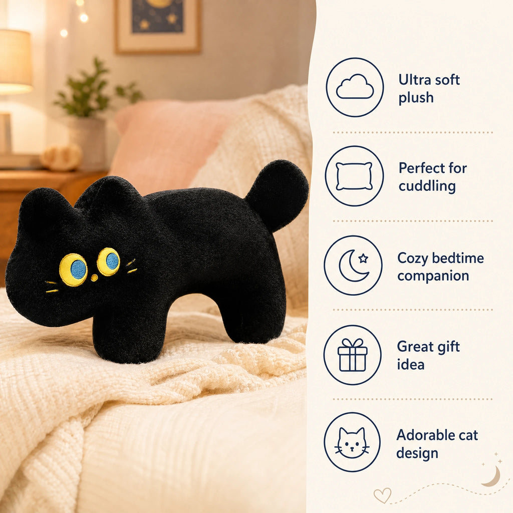 Black Cat Plush Pillow with Embroidered Yellow Eyes - Bénéfices produit