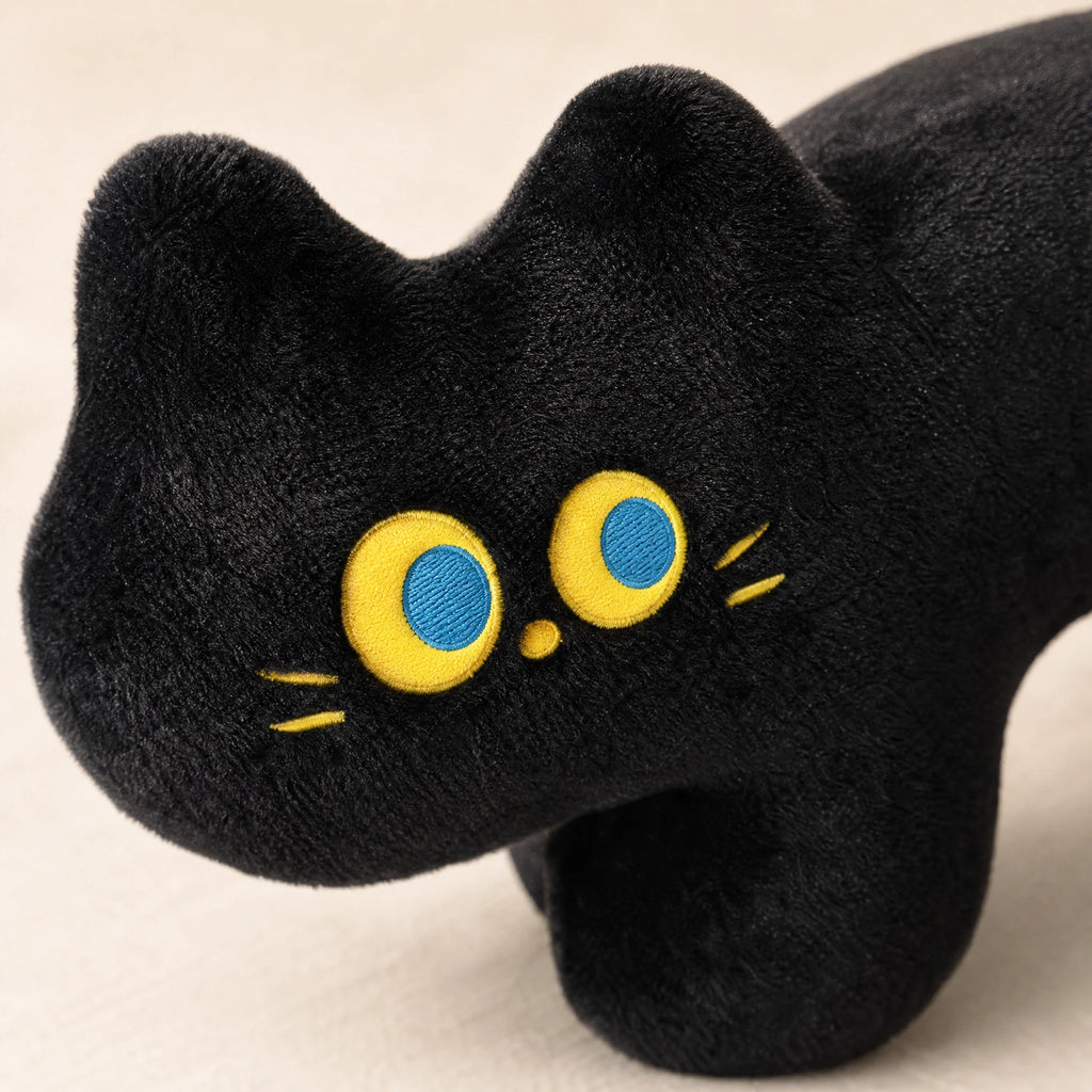 Black Cat Plush Pillow with Embroidered Yellow Eyes - Détail matière