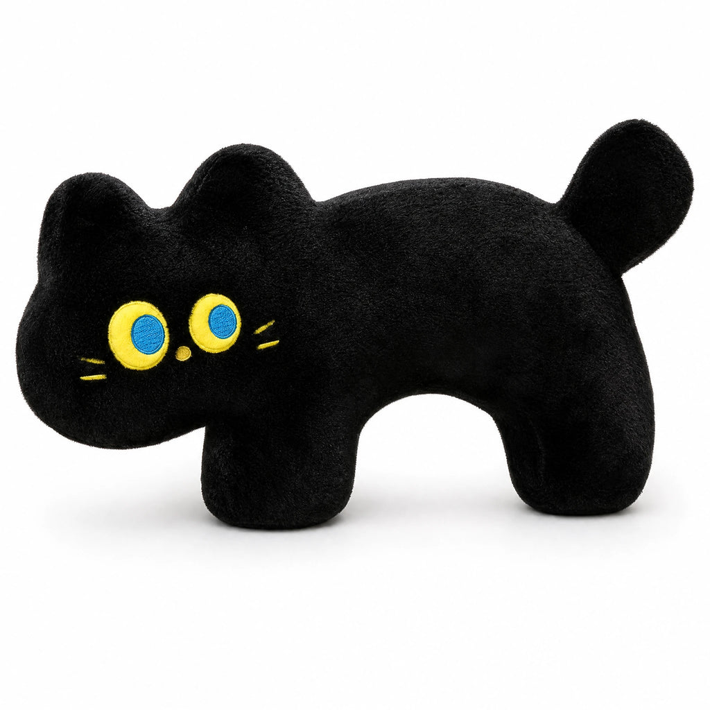 Black Cat Plush Pillow with Embroidered Yellow Eyes - Fond blanc