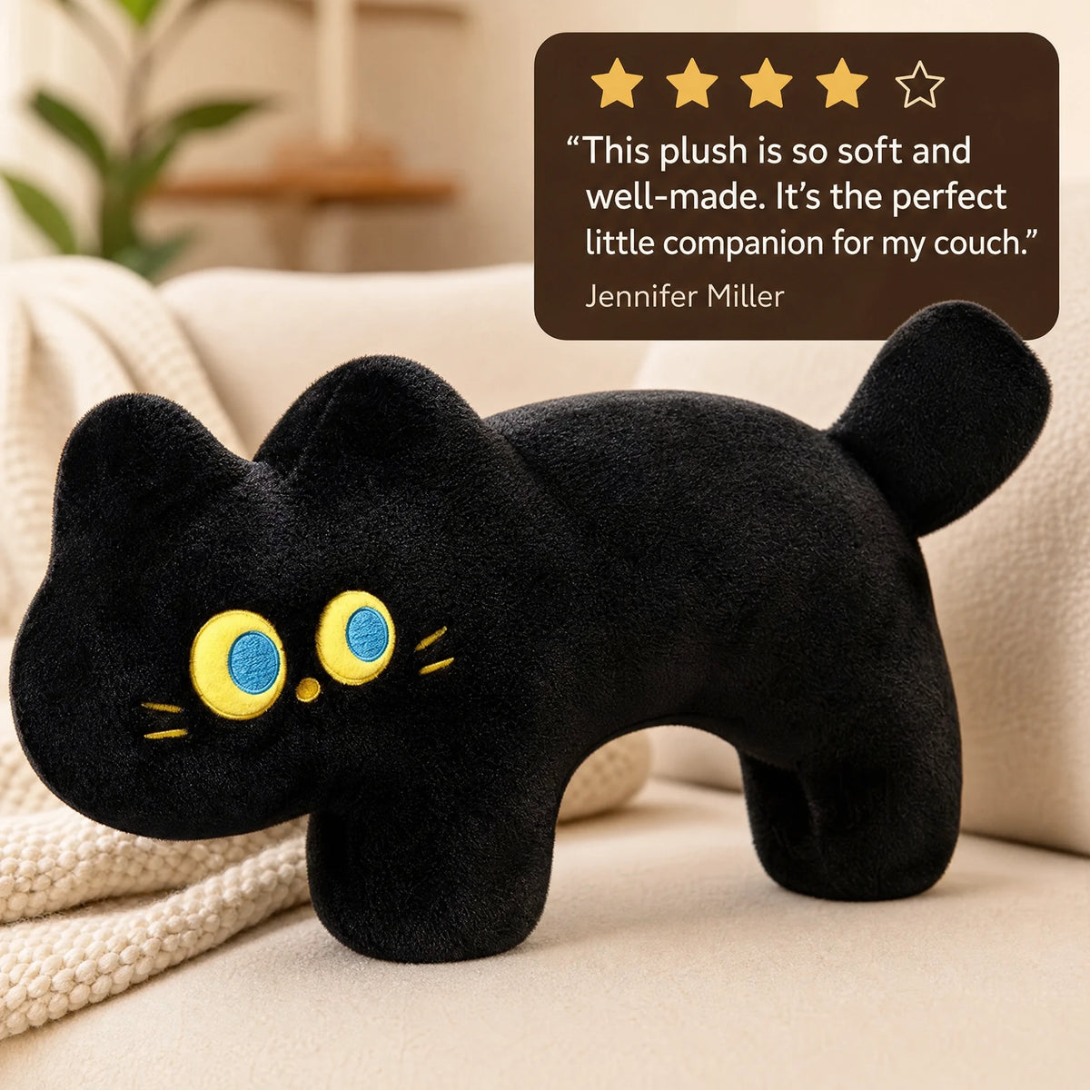 Black Cat Plush Pillow with Embroidered Yellow Eyes - Image témoignage