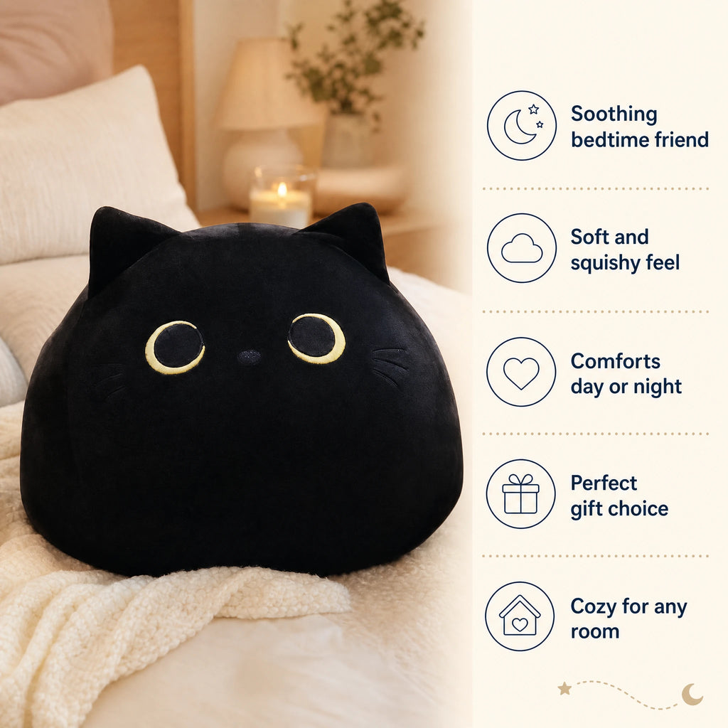 Black Cat Plush Pillow with Expressive Eyes and Soft Ears - Bénéfices produit