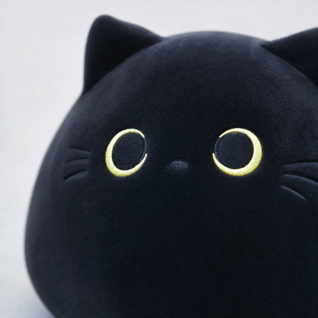 Black Cat Plush Pillow with Expressive Eyes and Soft Ears - Détail matière
