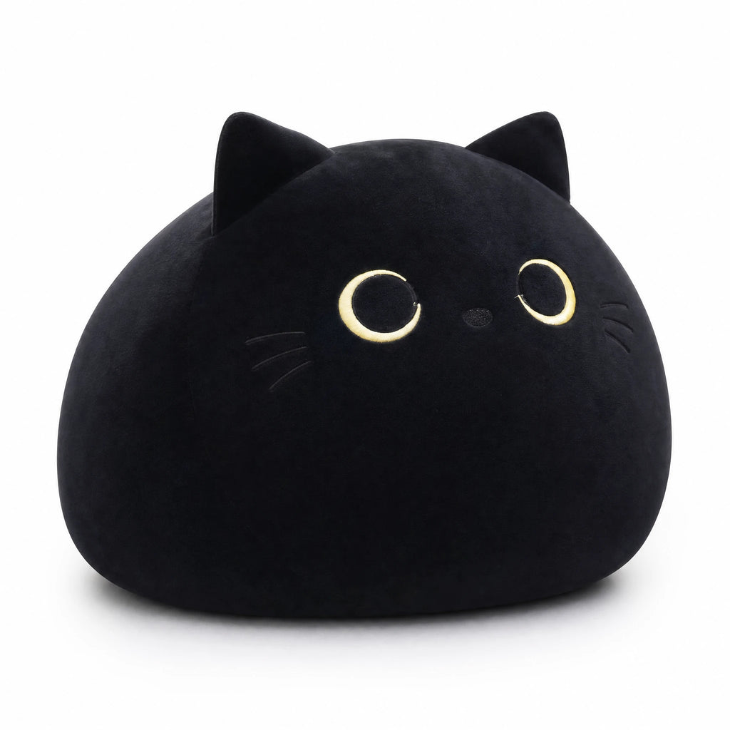 Black Cat Plush Pillow with Expressive Eyes and Soft Ears - Fond blanc, autre angle
