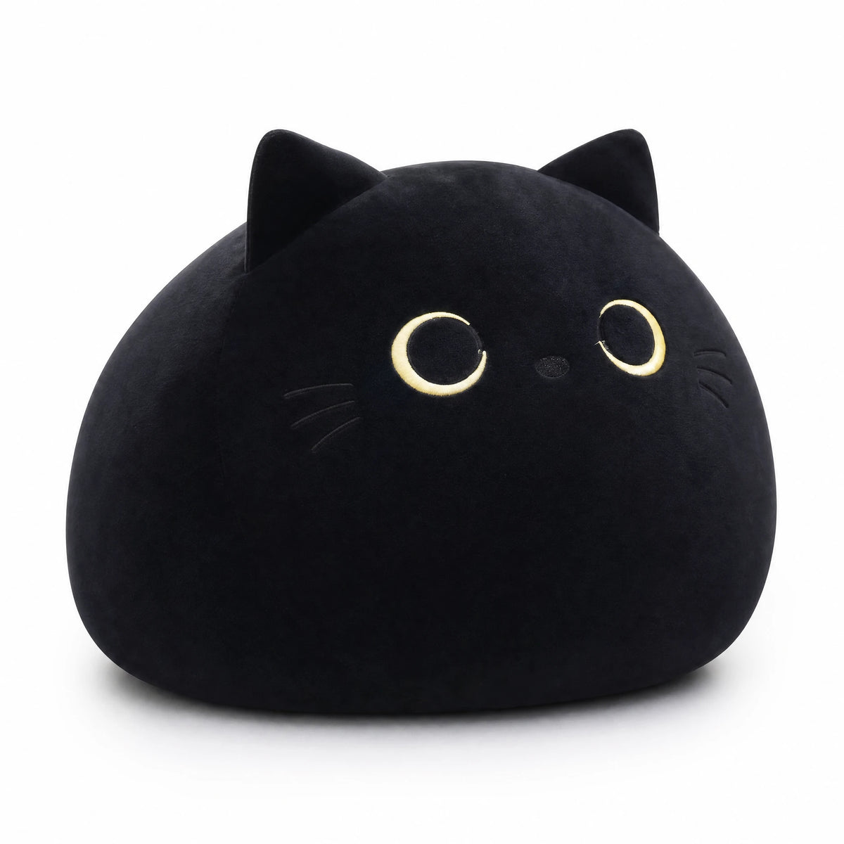 Black Cat Plush Pillow with Expressive Eyes and Soft Ears - Fond blanc, autre angle