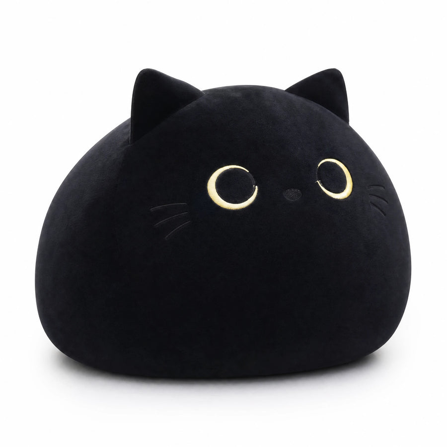 Black Cat Plush Pillow with Expressive Eyes and Soft Ears - Fond blanc, autre angle