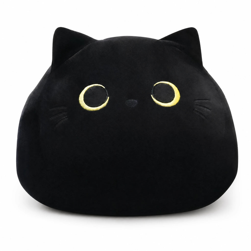 Black Cat Plush Pillow with Expressive Eyes and Soft Ears - Fond blanc