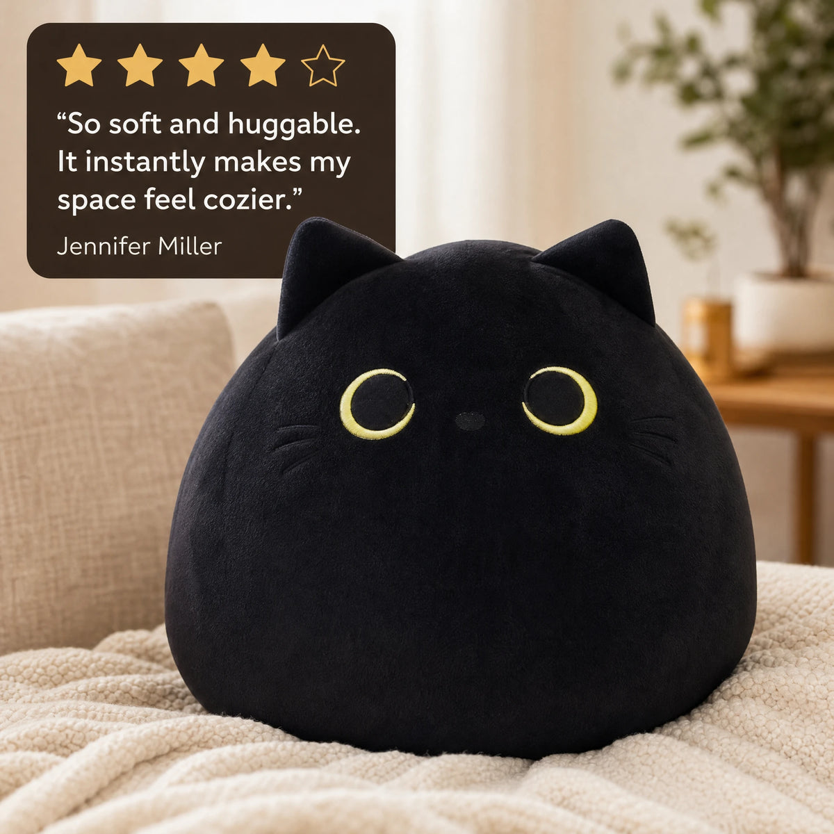 Black Cat Plush Pillow with Expressive Eyes and Soft Ears - Image témoignage