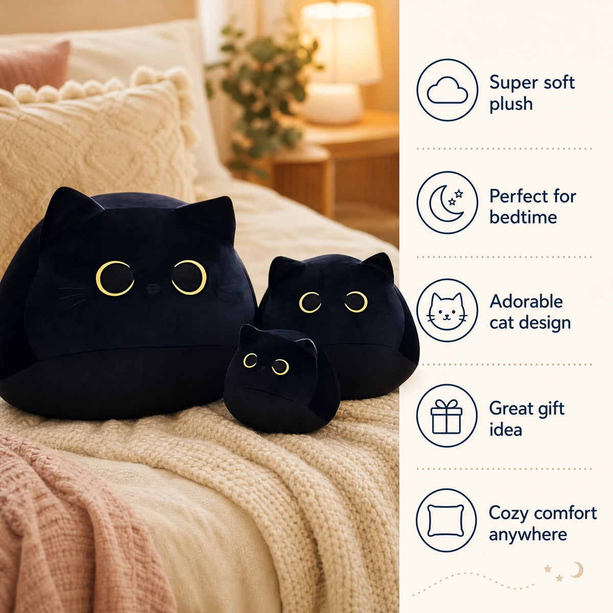 Black Cat Plush with Embroidered Eyes and Rounded Shape - Bénéfices produit