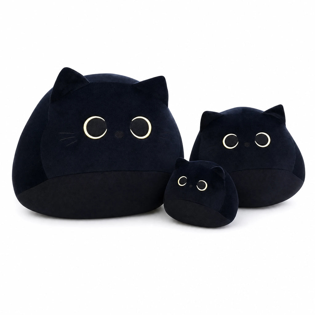 Black Cat Plush with Embroidered Eyes and Rounded Shape - Fond blanc