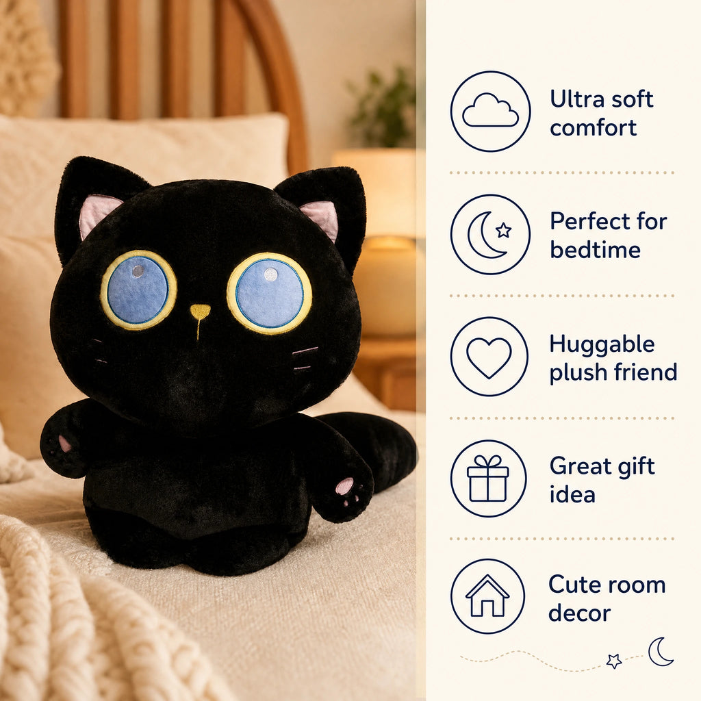 Black Cat Plush with Large Blue Eyes and Soft Fur - Bénéfices produit