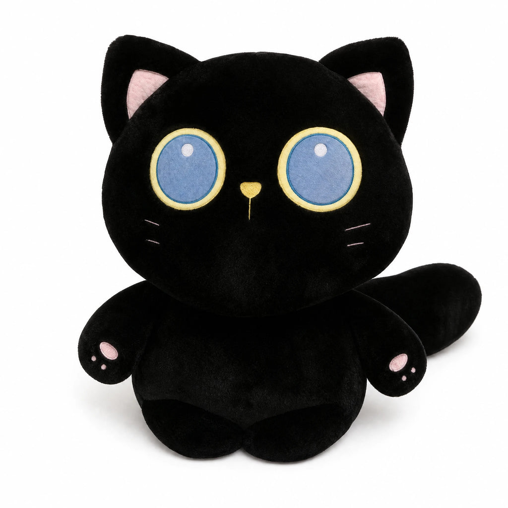 Black Cat Plush with Large Blue Eyes and Soft Fur - Fond blanc