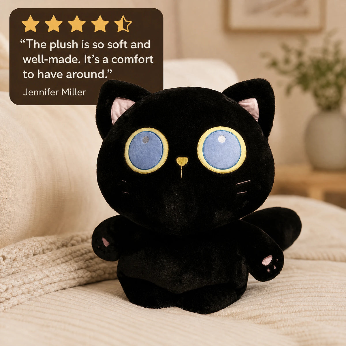 Black Cat Plush with Large Blue Eyes and Soft Fur - Image témoignage