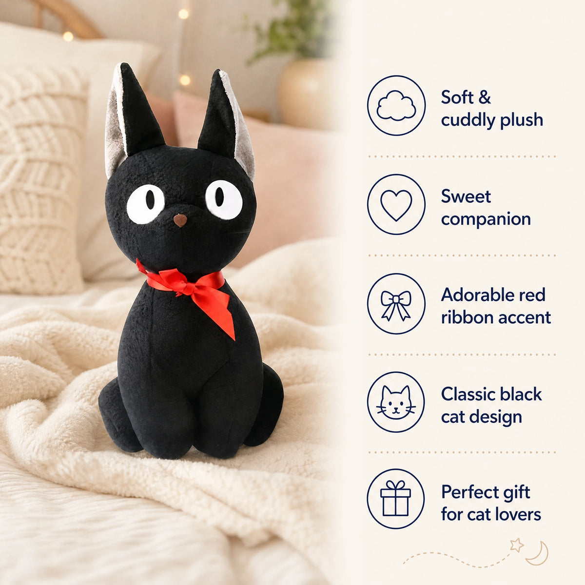 Black Cat Plush with Red Bow and Wide Eyes - Bénéfices produit
