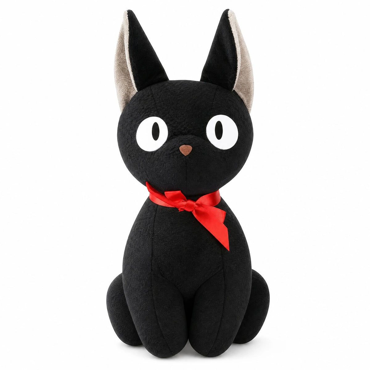 Black Cat Plush with Red Bow and Wide Eyes - Fond blanc