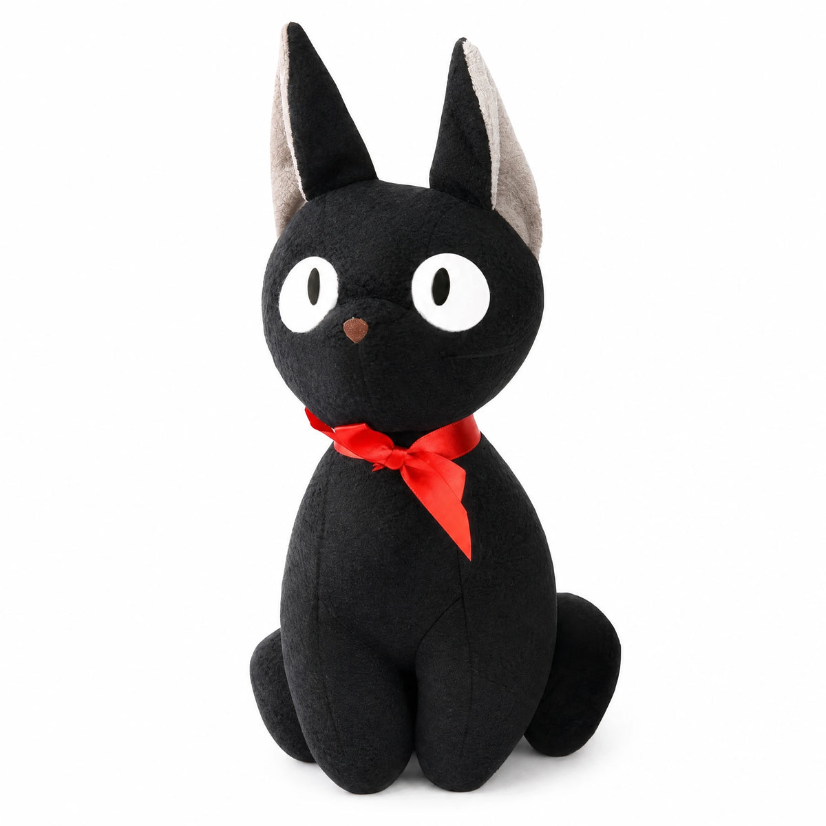 Black Cat Plush with Red Bow and Wide Eyes - Fond blanc, autre angle