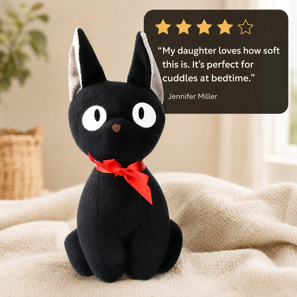 Black Cat Plush with Red Bow and Wide Eyes - Image témoignage