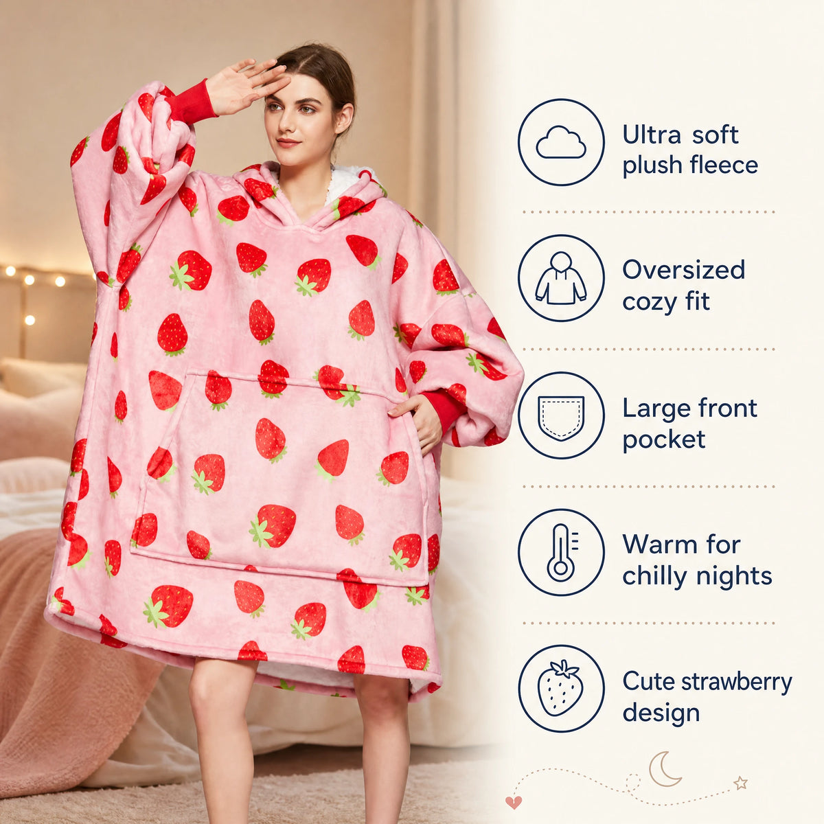 Blanket Hoodie Oversized with Strawberry Print - Pink - Bénéfices produit